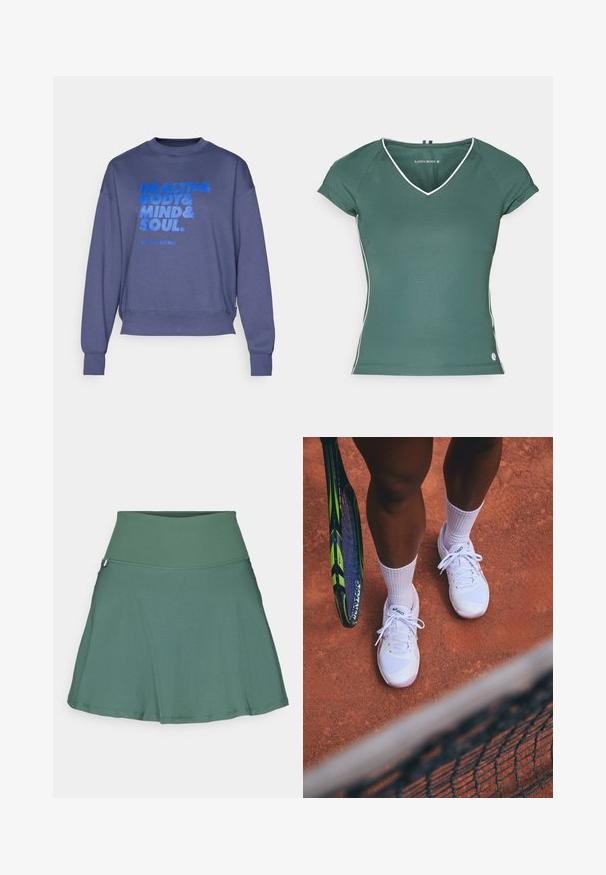 Sudadera azul de tejido suave, con cuello redondo, mangas largas y texto gráfico en azul y blanco en contraste.; Camiseta verde de cuello en v con mangas cortas, que presenta ribetes blancos en el escote y los lados. Fabricada en una tela suave y elástica.; Falda activa verde con una cintura acanalada amplia; textura suave; diseño acampanado; longitud hasta la rodilla; sin patrones visibles ni elementos de hardware.; Zapatillas de tenis blancas con paneles de malla y acentos rosas, combinadas con calcetines blancos, situadas en una cancha de arcilla con una raqueta de tenis cercana.