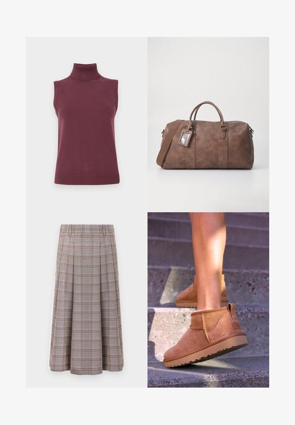 Sleeveless burgundy turtleneck sweater with ribbed collar, armholes, and hem, displayed on a white background.; White long-sleeve shirt with a button-up front, featuring a collar, soft ribbed texture, and light yellow buttons.; Pleated midi skirt in a brown and grey check pattern, made from a textured fabric. Features a waistband and falls to the mid-calf.; Tan suede ankle boots with a soft texture, stitched detailing, and a rubber sole, featuring a looped heel for easy wear.; Brown leather duffle bag with two top handles, a removable shoulder strap, gold hardware, and a rectangular luggage tag. Textured surface.