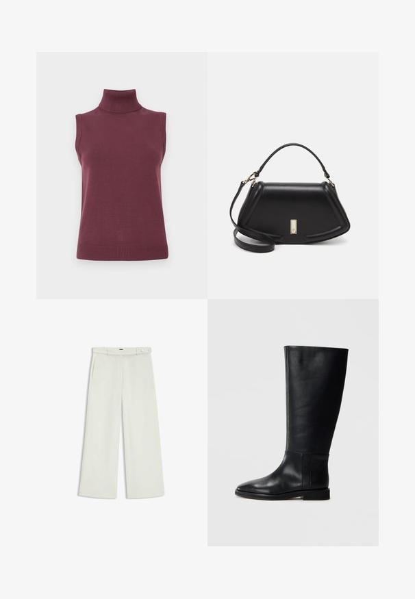 Sleeveless burgundy turtleneck sweater with ribbed collar, armholes, and hem, displayed on a white background.; Wide-leg pants in light cream fabric, featuring side pockets, a flat front, and a single button closure at the waist. Smooth texture.; Black leather knee-high boot with a rounded toe, smooth texture, minimalistic design, and a flat sole. Simple seam details on the shaft.; Black leather handbag with a structured design, featuring a cropped shape, top handle, and gold hardware accent. Adjustable shoulder strap included.