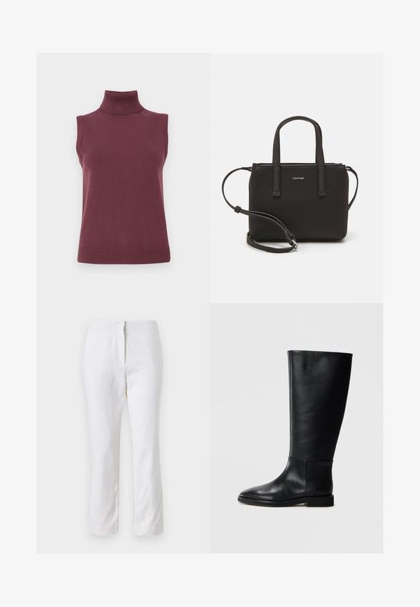 Gladka brezrokavnik burgundske barve s turtleneck ovratnikom, rebrastimi odprtinami za roke in robom, postavljena na bež ozadju.; Beli bombažne hlače s ravnim krojem, srednje visoko pasom, brez vidnih kovinskih elementov ali vzorcev. Gladka textura po vsej površini.; Črne usnjene škornje do kolen z zaobljenim nosom, gladko teksturo, minimalističnim dizajnom in ravnim podplatom. Preproste šivane detajle na zgornjem delu.; Črna torbica z dvema kratkima ročajema in odstranljivim naramnim trakom. Gladek usnju podoben material z zadrgo in podrobnostmi z logotipom.