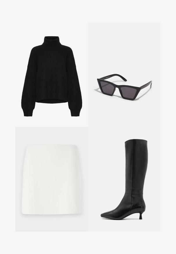 Fekete garbó pulóver, cropped kialakítással, bolyhos anyagból készült. Széles ujjak jellemzik, és bordázott textúra található a nyakkivágásnál.; Fehér, testhezálló mini szoknya sima textúrával és tiszta vonalakkal. Nincs látható minta vagy fémrész. Egyenes szegély az alján.; Zign Csizmák - black; Fekete, szögletes napszemüveg szürke lencsékkel; műanyagból készült, vastag karokkal, sima felülettel és látható hardver nélkül.; Fekete velúr kisestély tasak cipzárral és levehető csuklópánttal. Aranyszínű hardware-rel és sima, matt textúrával rendelkezik.
