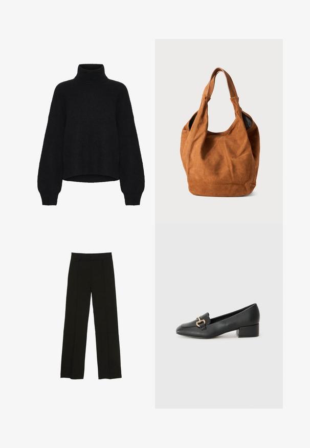 Svart polotröja med kort design, tillverkad av fluffigt material. Har vida ärmar och en ribbad textur vid kragen.; Svarta vida byxor tillverkade av ett mjukt tyg, med en åtsittande midja och subtila framveck för en extra textur.; Svarta läderloafers med platt klack, med en dekorativ detalj i guld framtill och en mjuk textur.; Brun mockaskinn axelväska med en mjuk textur, böjd form och två handtag. Har en minimalistisk design utan synlig hårdvara eller detaljer.