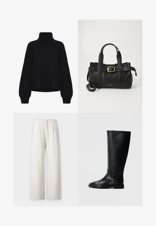 Zwarte coltrui met een cropped ontwerp, gemaakt van pluizige stof. Het heeft brede mouwen en een geribbelde textuur bij de kraag.; Samsøe Samsøe SATOVE TROUSERS - Broek - egret; Zwarte leren kniehoge laars met een ronde neus, een gladde textuur, een minimalistisch ontwerp en een platte zool. Eenvoudige stikdetails op de schacht.; Zwarte leren handtas met een gestructureerd ontwerp, dubbele handgrepen aan de bovenkant, een gouden gespaccent en een geperst merklogo aan de voorkant.