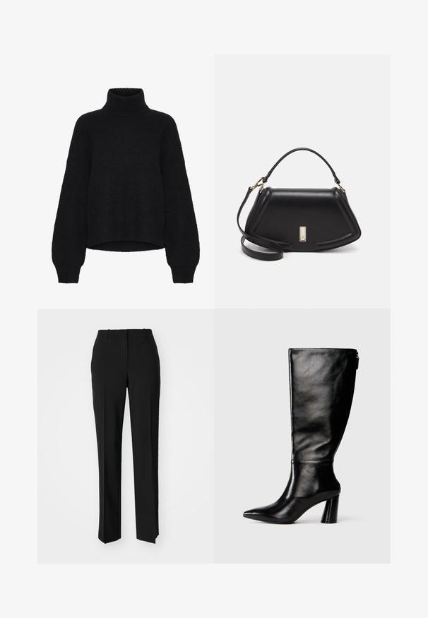 Pulover negru cu guler înalt, cu un design scurt, fabricat dintr-un material pufoș. Are mâneci ample și o textură cu nervuri la guler.; Pantaloni negri tailor-ed cu un design drept, având o textură fină și cute clare pe față. Fără elemente de prindere vizibile.; Cizme negre din piele până la genunchi, cu vârf ascuțit, textură netedă și toc robust. Include un detaliu cu fermoar la spate.; Geantă de umăr din piele neagră, cu un design structurat, având o formă tăiată, mânere superioare și accente din aur. Include o curea de umăr ajustabilă.