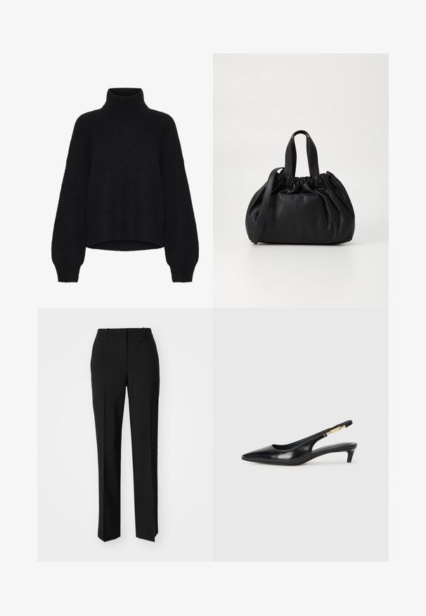 Svart genser med ståkrage og cropped design, laget av fluffy stoff. Har brede ermer og ribbestruktur ved kragen.; Sorte skreddersydde bukser med rett silhuett, med en glatt tekstur og klare pressede bretter foran. Ingen synlig maskinvare.; Sorte lærreim hæler med spiss tå, som har en slank hæl og en gullfarget detalj på den justerbare stroppen. Glatt tekstur.; Svart lærveske med en samlet toppdesign, som har to korte håndtak og en lang justerbar stropp. Glatt tekstur, rund form.