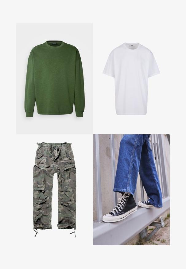 Grøn sweatshirt med rund halsudskæring, løst fit og lange ærmer. Fremstillet af et struktureret materiale med ribbede manchetter og kant.; Hvid bomulds t-shirt med korte ærmer, rund halsudskæring, afslappet pasform, og ingen synlige logoer eller mønstre. Glat tekstur og minimalistisk design.; Camo cargo bukser i grøn og grå, med flere lommer, elastisk talje, justerbare ankelmanchetter og en afslappet pasform.; Sorte høj-top sneakers med hvid sål og snørebånd, parret med løse blå denimjeans, hvilende på et gråt gelænder.