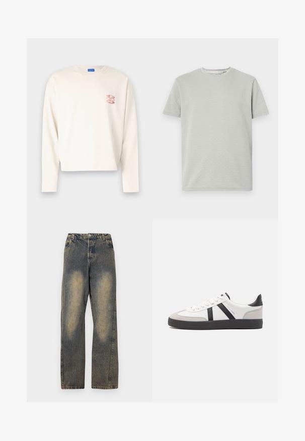 T-shirt en coton crème à manches longues avec un design court, comportant un logo graphique rose sur la poitrine gauche et un col rond classique.; T-shirt gris clair à manches courtes présentant un motif texturé, un col rond et un ourlet droit. Fabriqué en tissu doux et respirant.; Jeans en denim bleu clair avec une coupe ample, jambes droites, zones décolorées et une fermeture à bouton classique à la taille.; Baskets blanches avec des accents noirs et gris, présentant un embout texturé gris, une semelle en caoutchouc noir et des lacets plats blancs. Design épuré, style minimaliste.