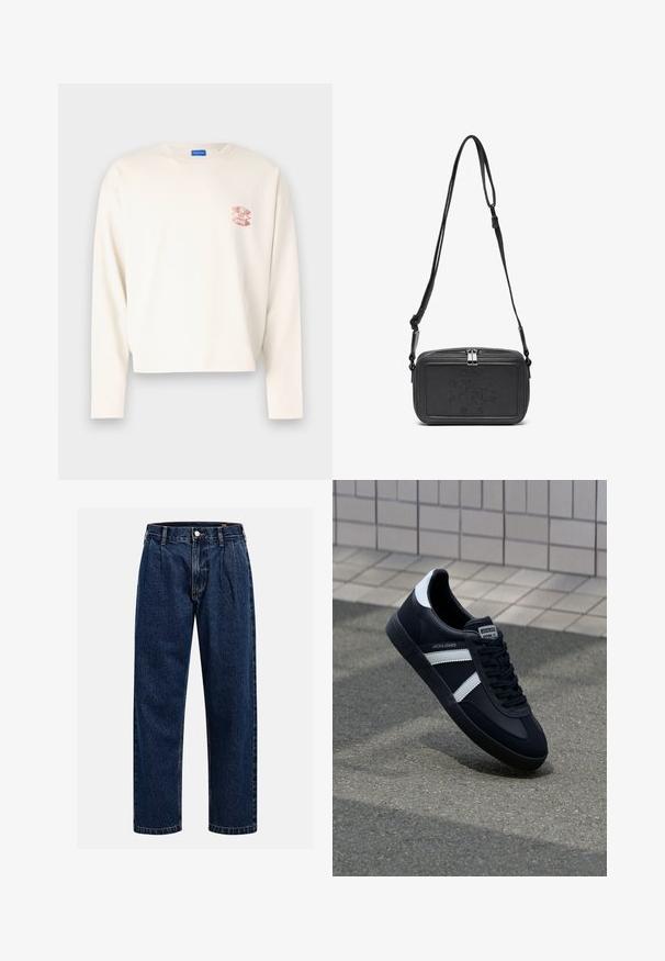 T-shirt en coton crème à manches longues avec un design court, comportant un logo graphique rose sur la poitrine gauche et un col rond classique.; Jean en denim bleu foncé avec une coupe droite. Présente des coutures visibles, une fermeture par bouton et des plis à l'avant pour un détail supplémentaire.; Sneaker en cuir noir avec des rayures blanches, semelle en caoutchouc texturée et devant à lacets. Présente une étiquette de marque sur la languette.; Sac bandoulière en cuir noir avec une fermeture éclair, logo embossé à l'avant et une sangle réglable. Texture lisse avec une forme rectangulaire.