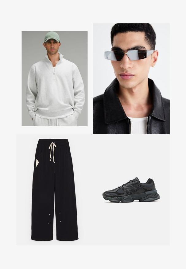 lululemon STEADY STATE HALF-ZIP - Fleecepullover - heathered core ultra light grey; Schwarzes T-Shirt mit kurzen Ärmeln aus Baumwolle, mit Rundhalsausschnitt und lockerer Passform. Glatte Textur mit minimalen Nähten.; Schwarze weite Hose aus weichem Stoff mit einem Tunnelzugbund, Seitentaschen und einer dreieckigen Akzenttasche. Silberne Hardware-Details sind enthalten.; Schwarzer Laufschuh mit einer Mischung aus Mesh- und sinthetischen Materialien, dicke Sohle, geschwungenes Design und auffälliger Markenkennzeichnung an der Seite.; Eckige, grau getönte Sonnenbrillen mit silberner Hardware, vor einem hellen Hintergrund. Die Gläser weisen eine einzigartige geometrische Form auf.