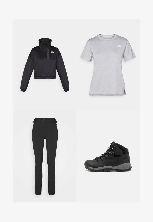 Must lähedalt lõigatud must pulloveri dressipluus kõrgema kraega, poolt tõmblukuga, soonikaktsentidega ja The North Face logo rinnal. Valmistatud siledast kangast.; Hall juppuvarrega, pehmeast, niiskust eemaletõukavast kangast lühikeste varrukatega hall T-särk. Omab ümarat kaelust ning väikest valget logo vasakul ülal.; Mustad, hästi istuvad püksid, mis on valmistatud paindlikust materjalist. Omadusteks on lukuga küljetasku, artikeeritud põlved ja sile pind.; Mustarjaline matkasaabas, millel on keskmine disain, tekstuuriga ülemine osa, hallid aktsendid ja vastupidav kummist põhi, millel on haardelugesid.