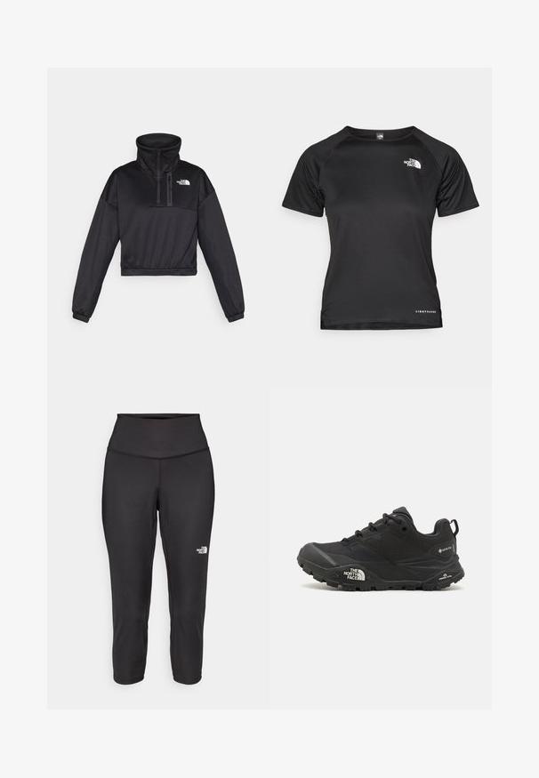 Black cropped pullover sweatshirt with a high collar, half-zip, ribbed accents, and The North Face logo on the chest. Made from smooth fabric.; Black short-sleeve athletic shirt made of lightweight fabric. Features a round neck, textured pattern, and a white logo on the upper left chest.; Black capri leggings made from stretchy fabric, featuring a high waistband and a small white logo on the left side. Smooth texture.; Black hiking shoe with a textured upper, lace closure, and a chunky rubber sole featuring a prominent logo on the side and tread patterns.