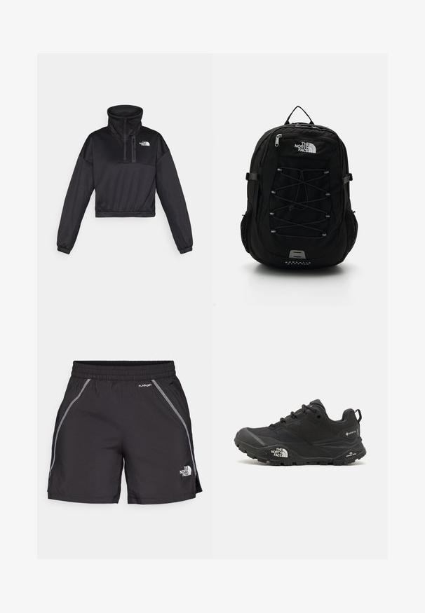 Black cropped pullover sweatshirt with a high collar, half-zip, ribbed accents, and The North Face logo on the chest. Made from smooth fabric.; Black athletic shorts made from lightweight material feature an elastic waistband, reflective detailing, and the logo "The North Face" on the left side.; Black hiking shoe with a textured upper, lace closure, and a chunky rubber sole featuring a prominent logo on the side and tread patterns.; Black backpack with a sleek design, featuring a front bungee cord, mesh side pockets, and a logo. Made from durable material.
