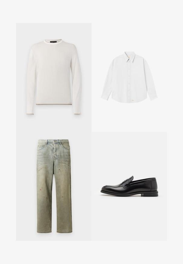 Weißer, gerippter Pullover mit langen Ärmeln, rundem Ausschnitt und kontrastierendem beigem Saum und Bündchen. Weiche Strickstruktur.; Weißes Hemd mit klassischem Kragen, langen Ärmeln und abgerundetem Saum; verfügt über ein kleines oranges Logo auf der linken Unterseite.; Distressed Denim-Jeans in Hellgrün, mit geradem Bein, Fünf-Taschen-Design und ungleichmäßiger Ausbleichung sowie Farbspritzern.; Schwarze Lederloafers mit glatter Textur, rundem Zehenbereich und einem dekorativen Riemen über dem Vorderfuß. Niedriger, gestapelter Absatz, minimalistisches Design.