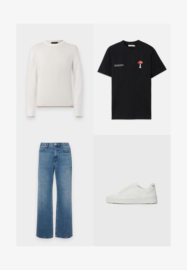 Weißer, gerippter Pullover mit langen Ärmeln, rundem Ausschnitt und kontrastierendem beigem Saum und Bündchen. Weiche Strickstruktur.; Schwarzes Baumwoll-T-Shirt mit einer strukturierten roten Pilzstickerei auf der linken Brust und weißen Textgrafiken auf der gegenüberliegenden Seite.; Weite blaue Jeans aus Denim mit einem verblassten Finish. Verfügt über fünf Taschen, einen Frontknopfverschluss und einen geraden Schnitt.; Weiße Ledersneaker mit glatter Oberfläche, runder Zehenpartie, flachen Schnürsenkeln und strukturiertem Sohlenprofil. Mit einem dezenten Logo an der Ferse.