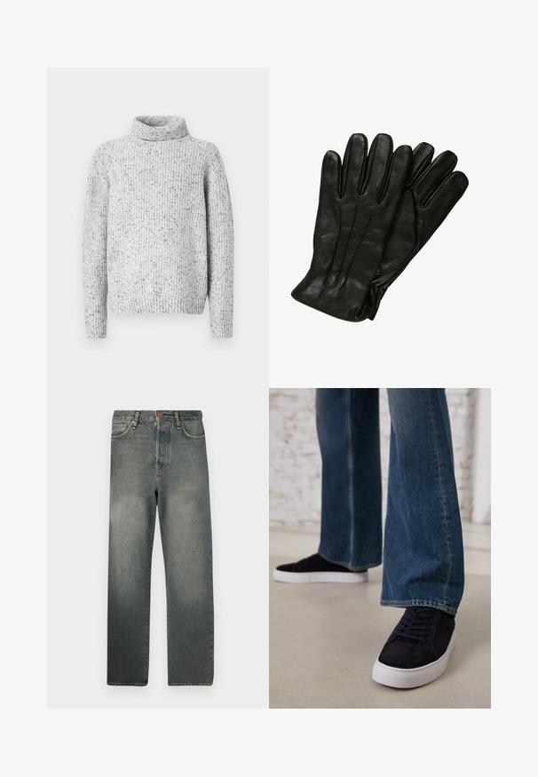 Svetre s svetlo sivo ribanim pletenjem in črnim pikčastim vzorcem ter dolgimi rokavi na belem ozadju.; Jack & Jones JJIALEX JJCOOPER - Vrečaste kavbojke - black denim; Temno modri semiš športni copati z belo gumijasto podplatom in vezalkami, v kombinaciji z širokimi jeans hlačami v srednje modrem pranju.; Črne usnjene rokavice z gladko teksturo, pet prstov in subtilnimi šivi. Klasičen dizajn, primeren za uporabo v hladnem vremenu.