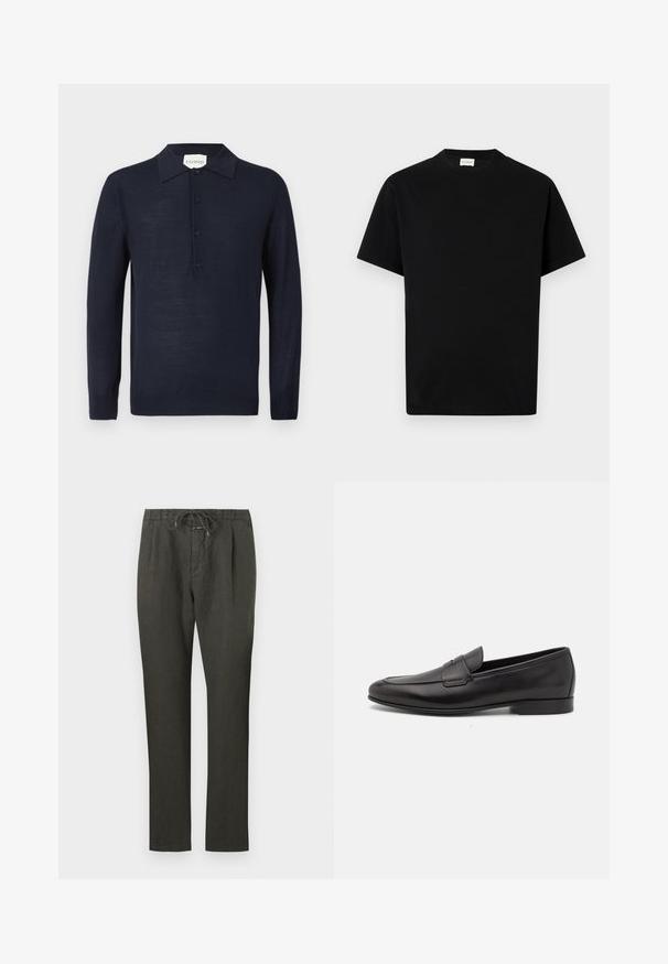 Navy blue long-sleeve polo sweater with button placket and ribbed cuffs, displayed on a white background.; Black cotton t-shirt with a round neckline, short sleeves, and straight cut. No visible patterns or hardware details.; Dark grey linen pants with a drawstring waist. Straight-leg design, lightweight fabric, minimal detailing, and smooth texture.; Black leather men's loafer with a low heel and a classic penny strap design, shown in side profile on a white background.