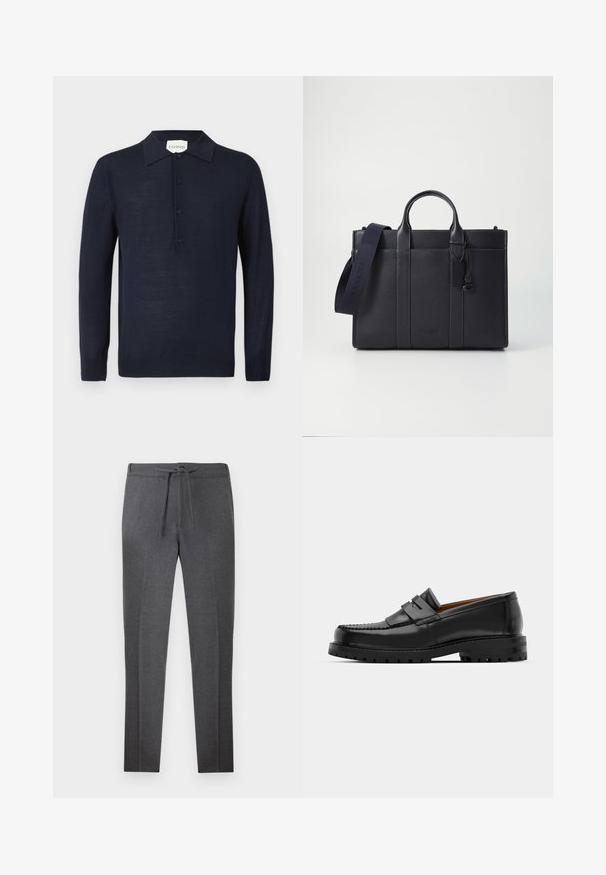 Navy blue long-sleeve polo sweater with button placket and ribbed cuffs, displayed on a white background.; Dark gray tapered pants with an elastic waistband and drawstring, featuring subtle creases along the front.; Black leather loafers feature a raised seam, two decorative straps on the upper, and a thick textured sole for added grip.; Dark navy leather briefcase with dual top handles and a detachable strap. Features textured finish, vertical stitching, and logo detail.