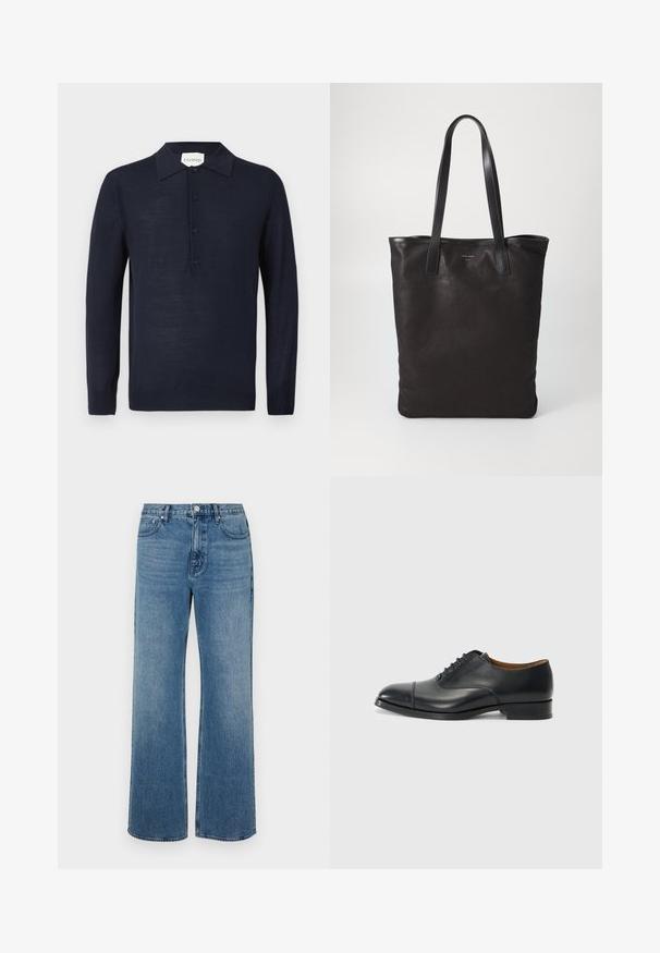 Marineblauwe lange mouwen polo trui met knoopsluiting en geribde manchetten, weergegeven op een witte achtergrond.; Brede blauwe jeans van denim met een verouderde afwerking. Heeft vijf zakken, een sluiting met vooraan knoop en een rechte snit.; Zwarte leren dress shoe met een gladde afwerking, ronde neus, vijf gaten voor veters, en een lage blokhak. Minimalistisch ontwerp met subtiele stiksels.; Zwarte canvas schoudertas met zwarte leren handvaten. Eenvoudig ontwerp, ruime body en een gladde textuur. Geen zichtbare logo's of patronen.