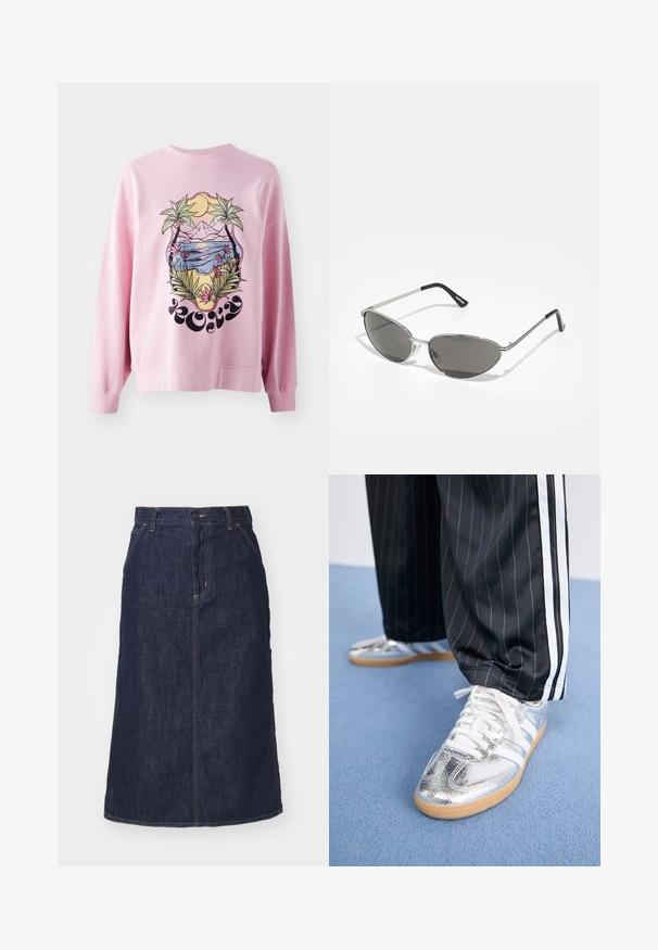 Vaaleanpunainen huppari, jossa on kirkas grafiikka palmupuista ja rannasta, jossa on vuoria, aurinko ja kukkakuviot. Pitkät hihat ja ribbaustunne.; Tummansininen farkkuhame, jossa on korkea vyötärö, suora leikkaus, etutaskut ja ommellut saumat. Hameessa on vetoketju- ja nappikiinnitys vyötäröllä.; Metalliset hopeiset lenkkarit, joissa on valkoiset nauhat ja kolme valkoista raitaa, yhdistettyinä mustiin ohutraitapöyhkäsekiin. Kumipohjan korostus alareunassa.; Aurinkolasit, joissa on tyylikäs, hopeanvärinen metallikehys, harmaasti sävytetyt linssit ja aerodynaaminen muotoilu, jossa on terävät reunat ja ohuet varret.; Mustat, tikatut olkalaukut, joissa on suuri aukko, kaarevat muodot pinnalla ja etiketti, jossa on keltaista ja valkoista tekstiä edessä.
