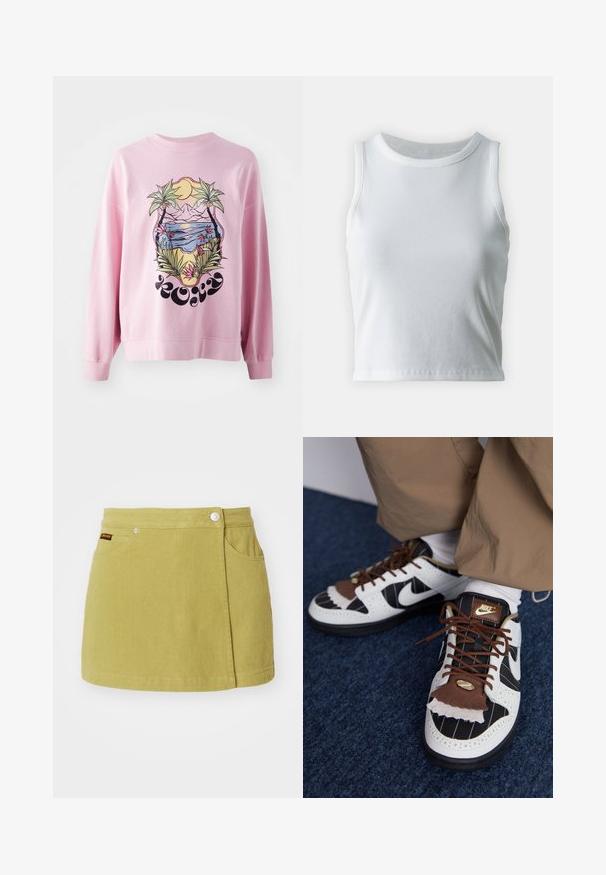 Różowa bluza z żywym graficznym wzorem palm i sceną plażową z górami, słońcem oraz florystycznymi detalami. Długie rękawy i ściągacze.; Biała, prążkowana koszulka na ramiączkach z okrągłym dekoltem i bez rękawów, z prostym dołem i gładką, elastyczną teksturą.; Zielona spódnica dżinsowa z dwoma bocznymi kieszeniami, zapinana na guziki z przodu, o prostym kroju. Posiada małe logo marki na pasku.; Sneakers Nike w białych, czarnych i brązowych materiałach. Charakteryzują się teksturowanym brązowym klapkiem, wzorem w paski oraz tradycyjnym sznurowaniem z złotymi akcentami.