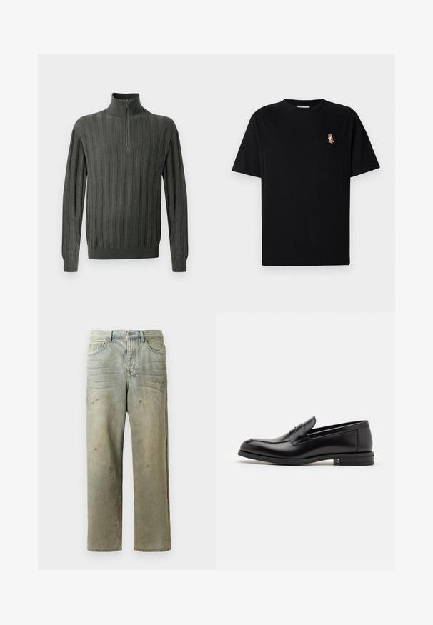 Ciemnozielony sweter dżersejowy z kołnierzem na pół-zamek, charakteryzujący się pionowym prążkowanym wzorem i dopasowanymi mankietami. Miękka tkanina, casualowy fason.; Czarny, krótki rękaw, koszulka z okrągłym dekoltem z małym, haftowanym pomarańczowym logo lisa po lewej stronie klatki piersiowej.; Zniszczone dżinsy w jasnym zielonym kolorze, z prostymi nogawkami, pięcioma kieszeniami oraz nierównomiernym blaknięciem i plamami farby.; Czarne skórzane mokasyny o gładkiej fakturze, zaokrąglonym nosku i dekoracyjnym pasku na przodzie. Niski, warstwowy obcas, minimalistyczny design.