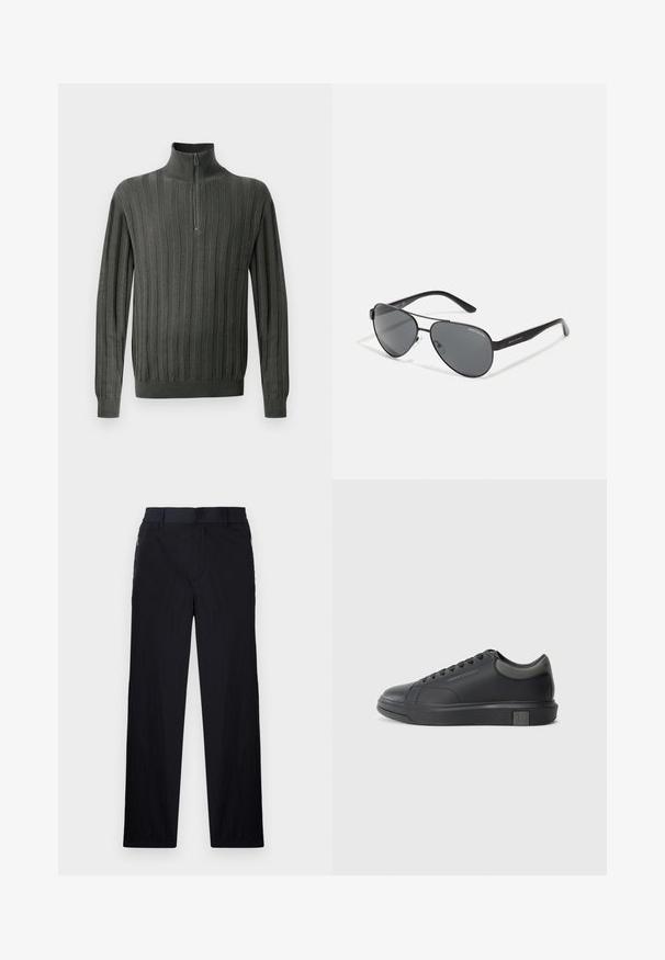 Mørkegrønn strikket genser med halv glidelås og vertikal ribbstruktur, samt tettsittende mansjetter. Myk tekstur, uformell design.; Sorte bukser med lett og teksturert stoff, rett ben-design, elastisk midjebånd og sidelommer med glidelås.; Sorte lærersneakers med en glat finish, rund tå og mørkegrå detaljer. Har snørebånd og en struktureret gummisål.; Svarte pilotbriller med mørke linser, tynn metallramme og slanke plastarmer med logo aksenter.