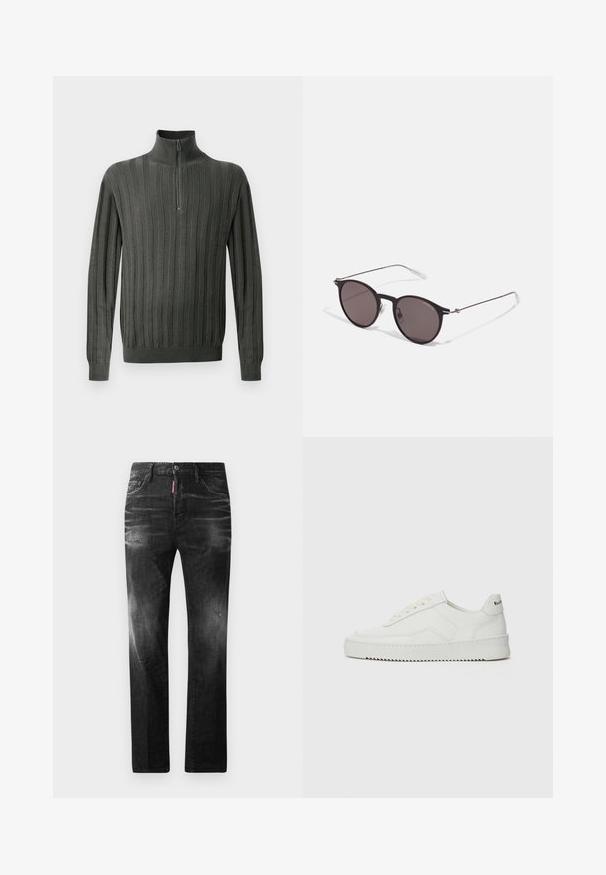Tamsiai žalia megzta palaidinė su pusiau užtrauktuku apykakle, turinti vertikalią gyslų tekstūrą ir aptempimus rankogalius. Minkšta medžiaga, laisvalaikio dizainas.; Juodi džinsai su tiesiu kirpimu. Spalvoti svyrantys plotai, šiek tiek sugadinti, klasikinis penkių kišenių dizainas ir mygtuko uždarymas.; Balti odiniai sportiniai bateliai su lygia apdaila, apvaliu pirštu, plokščiais raišteliais ir tekstūruotu padu. Pasižymi subtiliu logotipu ant kulno.; Juodos apvalios saulės akinių su tamsiais lęšiais ir plonomis metalinėmis šakomis. Įtraukti skaidrūs šventyklų galai ir sidabriniai akcentai vyrio srityje. Minimalistinis dizainas.