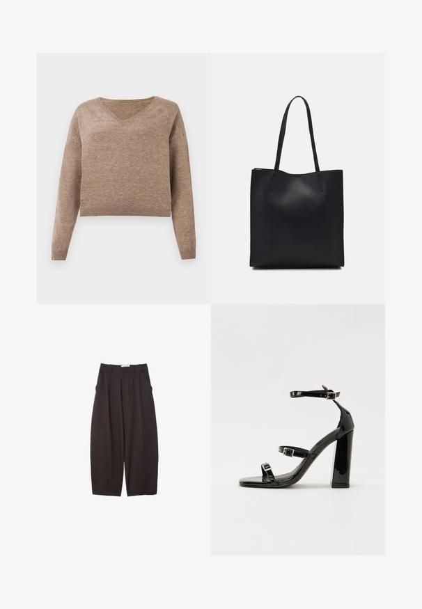 Maglione a collo a V di colore marrone chiaro, con maniche lunghe e orlo a coste. Tessuto morbido con un design leggermente cropped e senza motivi visibili.; Pantaloni neri a gamba larga realizzati in un tessuto morbido, con vita alta, pieghe frontali e tasche laterali. Design semplice senza decorazioni.; Sandali con tacco in vernice nera, con punta squadrata, cinturini alla caviglia e fibbie in argento. Presentano un tacco a blocco spesso per maggiore stabilità.; Borsa tote in pelle nera con texture liscia, forma rettangolare e due manici lunghi. Nessun hardware o decorazione visibile.