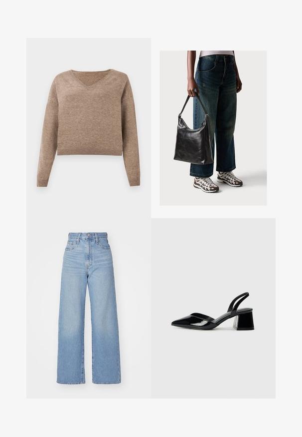 Suéter de punto en marrón claro con escote en V, mangas largas y dobladillo acanalado. Textura suave con un diseño ligeramente corto y sin patrones visibles.; Jeans de tiro alto y pernera ancha en azul claro, con cierre frontal de botón y cremallera, y bolsillos delantero y trasero, sobre un fondo blanco.; Zapatos de tacón slingback de charol negro con punta afilada y tacón geométrico en bloque. Presentan un diseño elegante y minimalista, así como una textura suave.; Bolso de hombro de cuero negro con una textura suave y correa ajustable, combinado con jeans de pierna ancha desgatados y zapatillas deportivas.
