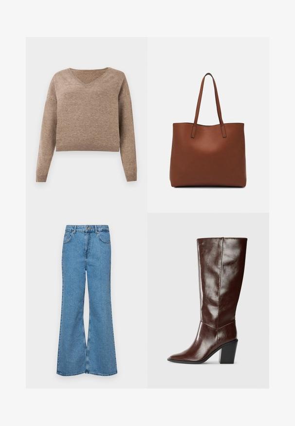 Lichtbruin gebreid sweater met een V-hals, lange mouwen en geribbelde zoom. Zachte textuur met een iets korter ontwerp en geen zichtbare patronen.; Lichtblauwe flared jeans van denim, met een hoge taille, vijf zakken en een enkele knoopsluiting. Zachte textuur met een vervaagde afwerking.; Hoge donkerbruine leren laars met een spitse neus en een gestapelde blokhak, vanuit de zijkant weergegeven op een effen achtergrond.; Bruine leren tote bag met een gladde textuur, een ontwerp met een open bovenkant en twee schouderbanden. Kenmerkt zich door minimale stiksels en geen zichtbare hardware.