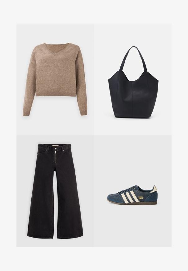 Lichtbruin gebreid sweater met een V-hals, lange mouwen en geribbelde zoom. Zachte textuur met een iets korter ontwerp en geen zichtbare patronen.; Wijdvallende jeans van zwarte denim met een ritssluiting aan de voorkant, vijf zakken en subtiele stikdetails. Soepele textuur en casual stijl.; Marineblauwe suede sneaker met crèmekleurige strepen, gestructureerd teenpaneel, gouden "adidas JAPAN" logo en een bruine rubberen zool. Klasseiek laag model.; Zwarte tote tas van glad leer, met een gebogen, open bovenkant en twee schouderbanden, en een minimalistisch ontwerp.