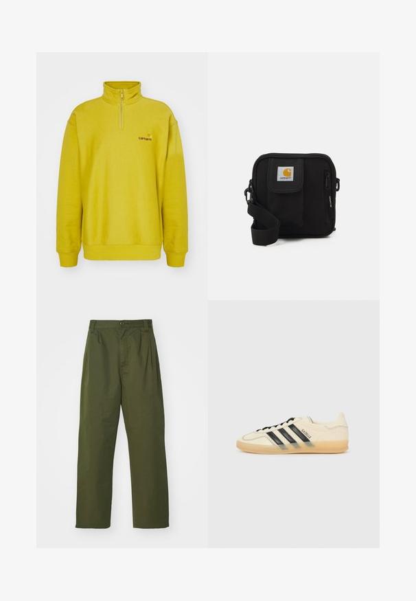 Pullover giallo in fleece con collo half-zip, polsini a costine e logo ricamato sul lato sinistro del petto. Texture liscia.; Pantaloni verde oliva a vita alta con design a gamba dritta. Realizzati in un tessuto leggero, con pieghe frontali e chiusura a bottone.; Sneaker di colore crema chiaro con design a tre strisce nere, tomaia testurizzata, punta rotonda e suola in gomma. Presenta lacci e branding sul lato.; Borsa a tracolla nera con un compartimento principale con zip, tasca frontale, tracolla regolabile e una patch del logo visibile sul risvolto.