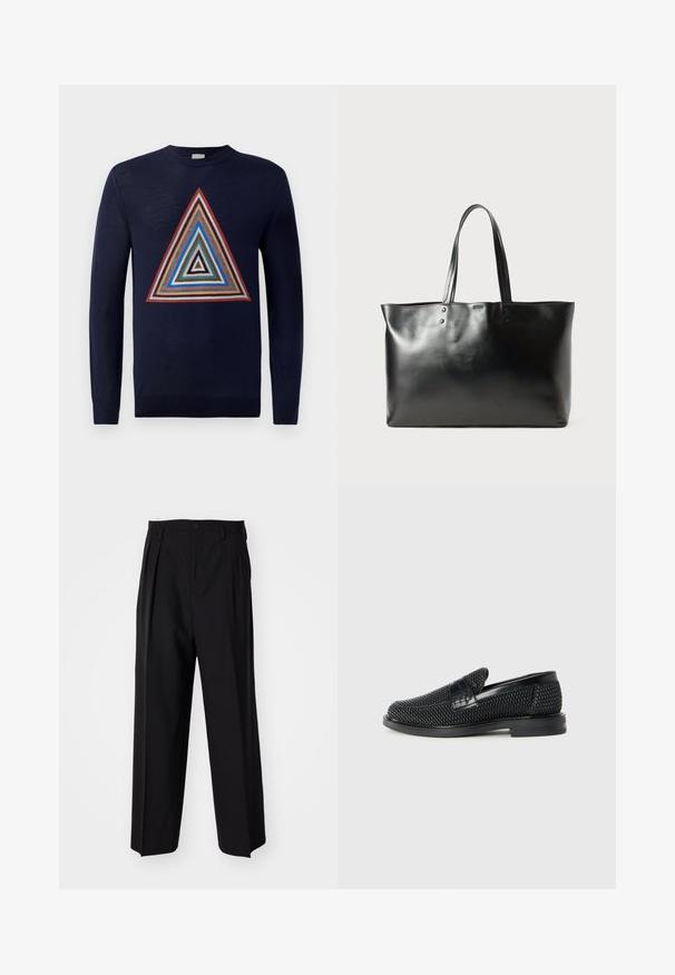 Temno moder pulover z osrednjim večbarvnim trikotnim vzorcem z plastmi rdeče, rjave, modre in smetane. Dolgi rokavi in okrogla izreza.; Črne nabirane hlače s ravnim, širokim krojem. Narejene so iz gladkega materiala in imajo zadrgo ter pasne zanke.; Črne pletene zavezane čevlje s gladkim usnjenim poudarkom na zgornjem delu, okroglo zasnovo nosu in nizkoprofilsko gumijasto podplat.; Črna gladka usnjena torba s pletenicama, pravokotne oblike in subtilnimi šivi na belem ozadju.