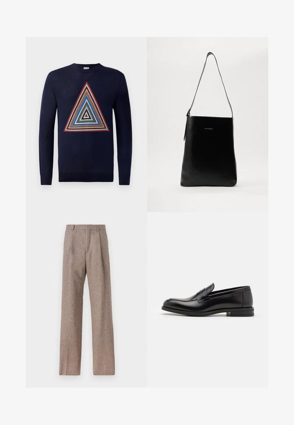 Sweater azul-marinho com um design triangular multicolorido central, apresentando padrões em camadas nas cores vermelho, castanho, azul e creme. Mangas compridas e gola redonda.; Calças castanhas de cintura alta feitas de tecido texturado. Apresentam pernas largas e duas pregas frontais para estrutura. Acabamento cuidadoso sem hardware visível.; Mocassins de couro preto com uma textura suave, bico arredondado e uma faixa decorativa sobre o peito do pé. Salto baixo e empilhado, design minimalista.; Bolsa de ombro preta em couro com uma textura suave, forma retangular e uma alça longa; apresenta um pequeno logo branco ao centro.