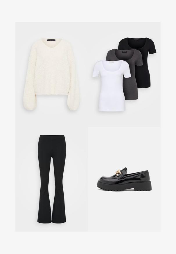 White knit sweater with a V-neck, long puff sleeves, and a textured finish. Cropped design enhances the loose, comfortable fit.; Three fitted T-shirts in white, gray, and black. Each features a wide scoop neckline and short sleeves. Made from smooth, stretchy fabric.; Black flared pants made of stretchy fabric, featuring a high waistband and a smooth texture. The pants flare out from the knee.; Black patent leather loafers with a chunky black sole and gold hardware detailing. Smooth texture and rounded toe design.