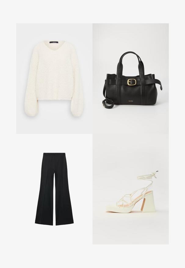 Biały sweter z dzianiny z dekoltem w kształcie litery V, długimi, bufiastymi rękawami i fakturowanym wykończeniem. Skrócona forma podkreśla luźny, komfortowy krój.; Czarne spodnie o szerokich nogawkach z gładką teksturą, z przodu ozdobione zakładkami i skrojonym fasonem. Materiał jest lekki i zwiewny.; Biała sandał na wysokim obcasie z masywnym słupkiem, z paskowym wzorem i wiązaniem przy kostce. Gładka faktura z platformą z przodu dla dodatkowej wysokości.; Czarna skórzana torebka o zorganizowanej konstrukcji, z podwójnymi uchwytami u góry, akcentem w postaci złotego zapięcia oraz wytłoczonym logo marki z przodu.