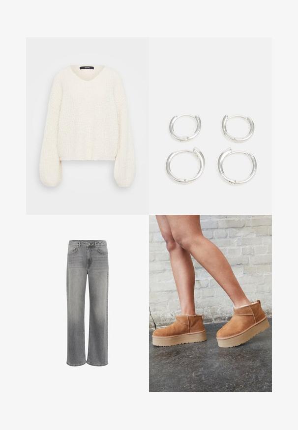 Maglione bianco a maglia con scollatura a V, maniche lunghe a sbuffo e finitura testurizzata. Il design cropped esalta la vestibilità ampia e confortevole.; Jeans a gamba larga in denim grigio, caratterizzati da un alto punto vita, cinque tasche, una chiusura con bottone anteriore e una leggera sfumatura sul tessuto.; Stivali alla caviglia in suede marrone con una fodera morbida, suola platform spessa beige e un'asola posteriore. Superficie testurizzata con dettagli di cucitura ben visibili.; Orecchini a cerchio in argento, con una finitura liscia e lucidata. Due paia di dimensioni leggermente diverse. Design semplice e circolare, leggeri.