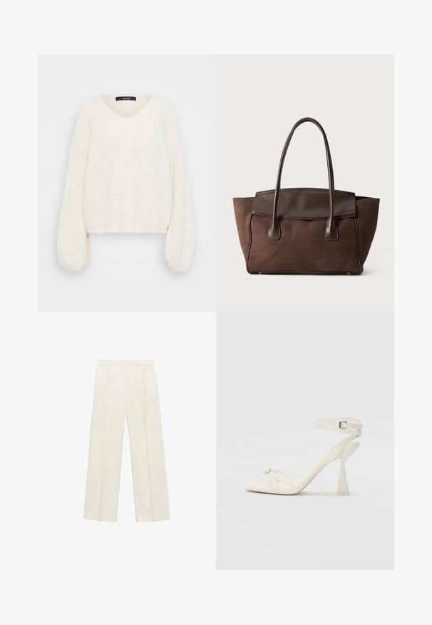 Bela pletena jopica z V-izrezom, dolgimi napihnjenimi rokavi in teksturirano površino. Skrajšana zasnova poudarja ohlapen in udoben kroj.; Hlače širokih nogavic v svetli kremni barvi. Narejene iz gladkega materiala s plitkimi naborki spredaj in stranskimi žepi.; Sandal z visoko peto z naramnicami v beli usnjeni izvedbi s popolnim dizajnom, prozorno blok peto in dekorativnim elementom na prstih.; Rjava semiš torba za prostočasne dejavnosti s strukturirano zasnovo, gladkimi usnjenimi detajli, podolgimi ročaji in subtilnim kontrastnim šivanjem.
