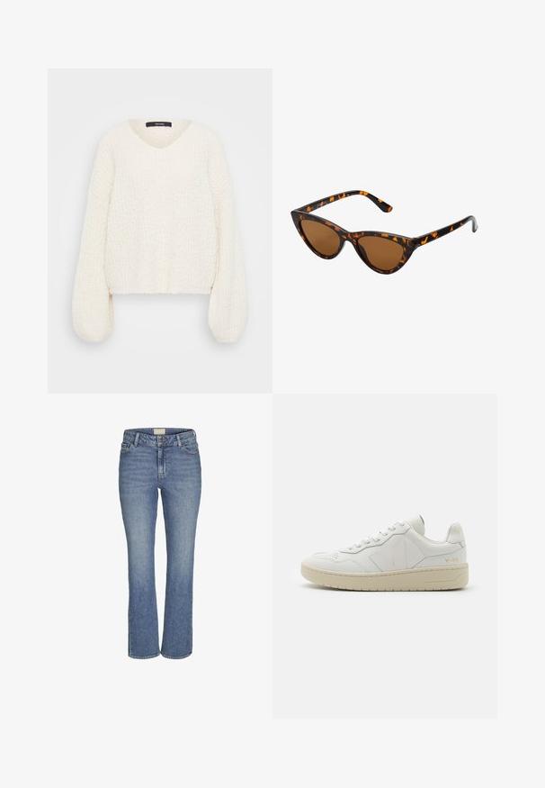 Valge kudumiste särk V-kaelusega, pikkade puffvarrukatega ja tekstuurse viimistlusega. Lühendatud disain rõhutab lahedat ja mugavat istuvust.; Keskmiselt sinised sirged teksapüksid, millel on ees nupuga ja lukuga sulgemine, vöörihmade augud ning ees ja taga taskud.; Valge nahast tennisetossud perforatsiooniga varbakupliga, kontrastsetes beežides kummitaldades ning logoga aktsentidega küljel ja kandmisel. Minimalistlik disain.; Kassi vormiga prillid musta ja oranži kilpkonnakujulise raami, pruunide läätsede ja elegantsete teravate otstega. Templi juures on minimaalne logo.