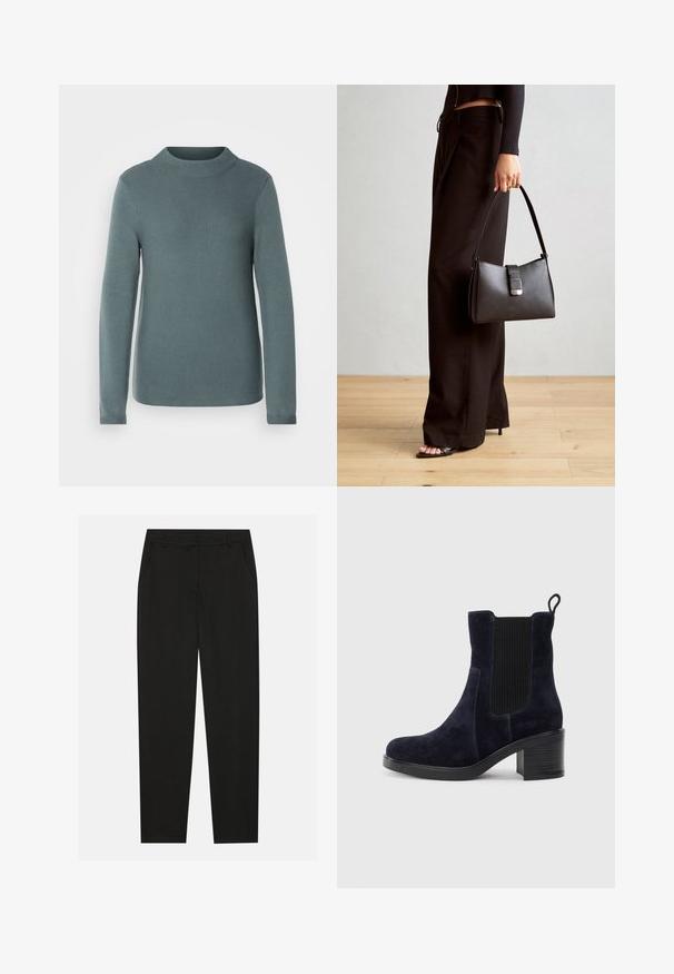 Strickpullover in Teal mit hohem Kragen, langen Ärmeln und strukturierter Oberfläche. Das Design zeichnet sich durch eine lockere Passform und minimale Details aus.; Schwarze Hosen mit taillierter Passform, ausgestattet mit seitlichen Taschen und geradem Bein. Hergestellt aus glattem, leichtem Stoff mit einem eleganten Finish.; Schnürstiefelette aus dunkelblauem Wildleder mit elastischem Seitenpanel, runder Spitze und Blockabsatz. Das strukturierte Material und die glatte Sohle sorgen für Kontrast.; Schwarze Handtasche mit strukturierter Form, glatter Textur und einem metallischen Verschluss. Kombiniert mit weiten schwarzen Hosen und offenen Sandalen auf einem Holzboden.