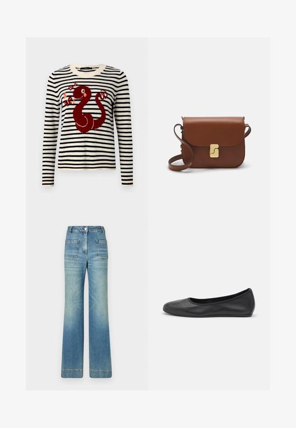 Gebreide trui met horizontale zwarte en ivoor gestreepte patronen, met een rode slang ontwerp met harten. Ronde hals en geribbelde manchetten.; Witte korte mouwen t-shirt van ribstof. Ronde halslijn, normale pasvorm en subtiele stiksels. Geen patronen of grafische elementen.; Lichtblauwe spijkerbroek met flared model, vijf zakken, riemlussen, knoopsluiting en een licht vervaagd textuur, met een rode logo-detail op de achterkant.; Zwarte leren ballerina met een ronde neus, gladde textuur, minimale stikdetails en een flexibele zoolontwerp.; Bruine leren handtas met een klep sluiting, gouden hardware, een schouderband en een gladde textuur. Compact rechthoekige vorm.