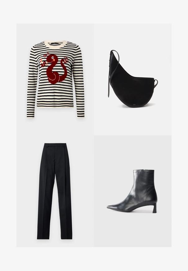 Neulottu villapaita, jossa on vaakasuorat mustat ja ivory raidat, esittelee punaisen käärmeaiheen sydänten kanssa. Pyöreä kaula-aukko ja ribbireunat.; Musta housut, jotka on valmistettu sileästä kankaasta ja joissa on korkea vyötärö, leveät lahkeet, etukaarteet ja klassiset vyölenkit. Ei näkyviä sivutaskuja.; Musta nahkainen nilkkabotti, jossa on teräväkärkinen muotoilu ja tyylikäs design. Varusteena matala korko ja takana vetoketjukiinnitys. Sileä pinta.; Musta nahkainen käsilaukku, joka on kaarevan kuun muotoinen, jossa on ohut hihna ja hienovarainen kultabrändäys edessä. Suora pinta, jossa on minimaalista metalliosuutta.