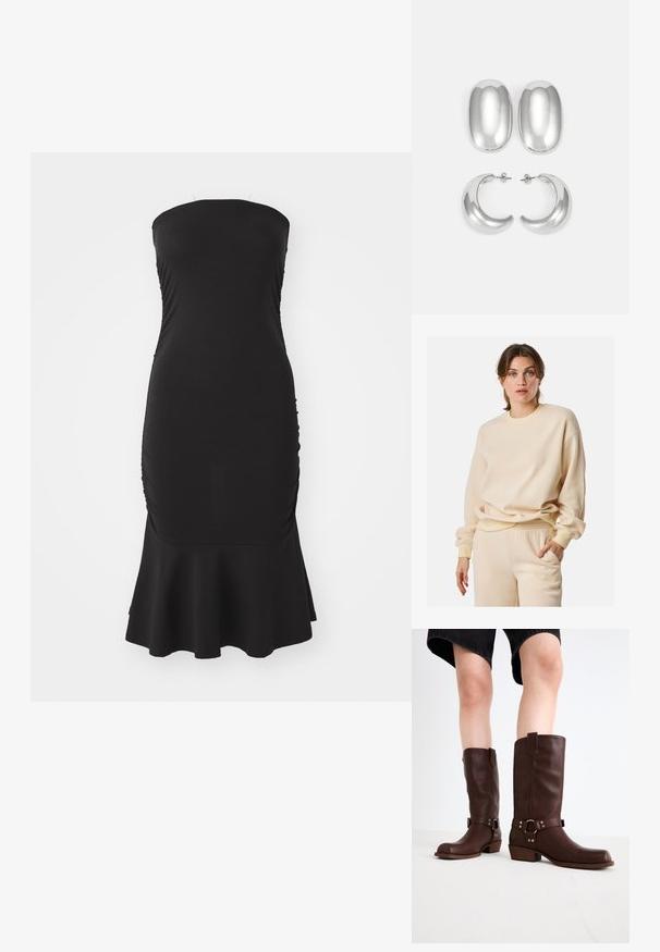Beige ribbed sweatshirt with long sleeves, rounded neckline, and a relaxed fit. Material appears soft and textured, creating visual interest.; Black strapless dress made of stretchy fabric, featuring ruching along the sides and a flared hem. Smooth texture with a fitted silhouette.; Brown leather knee-high boots with a rounded toe, textured surface, ankle strap, and silver hardware detail; stacked heel.; Silver-colored earrings set: two oval studs and two crescent-shaped hoops, featuring a glossy, smooth finish and a rounded design.