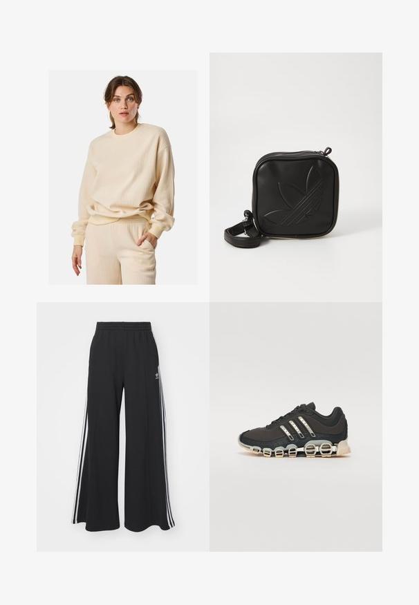 Beige Rippenpullover mit langen Ärmeln, rundem Ausschnitt und lockerer Passform. Das Material wirkt weich und strukturiert, was visuelles Interesse schafft.; Schwarze weite Sweatpants mit elastischem Bund, versehen mit weißen Seitestreifen und einem gestickten Logo auf dem linken Oberschenkel.; Schwarzer Sportschuh mit einer strukturierten Oberseite, drei silbernen Streifen und einer markanten Dämpfungssohle mit mehreren integrierten Sektionen.; Schwarze Umhängetasche aus strukturiertem synthetischem Material. Verfügt über ein eingeprägtes Logodesign und einen verstellbaren Riemen. Mit Reißverschluss geschlossen.