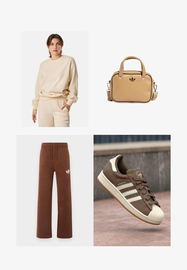 Beige Rippenpullover mit langen Ärmeln, rundem Ausschnitt und lockerer Passform. Das Material wirkt weich und strukturiert, was visuelles Interesse schafft.; Braune Sweatpants aus weichem Stoff mit lockerem Schnitt, ausgestattet mit einem elastischen Bund, einem Kordelzug und einem weißen Logo am linken Oberschenkel.; Braune Wildleder-Sneaker mit weißen Streifen, crèmefarbenen Akzenten und einer Gummischale an der Zehe. Verfügt über ein Schnürdesign und eine strukturierte Gummisohle.; Beige veganes Lederhandtasche mit zwei Griffen, abnehmbarem Schultergurt, schwarzen Akzentnähten und einem kleinen schwarzen Logo auf der Vorderseite.