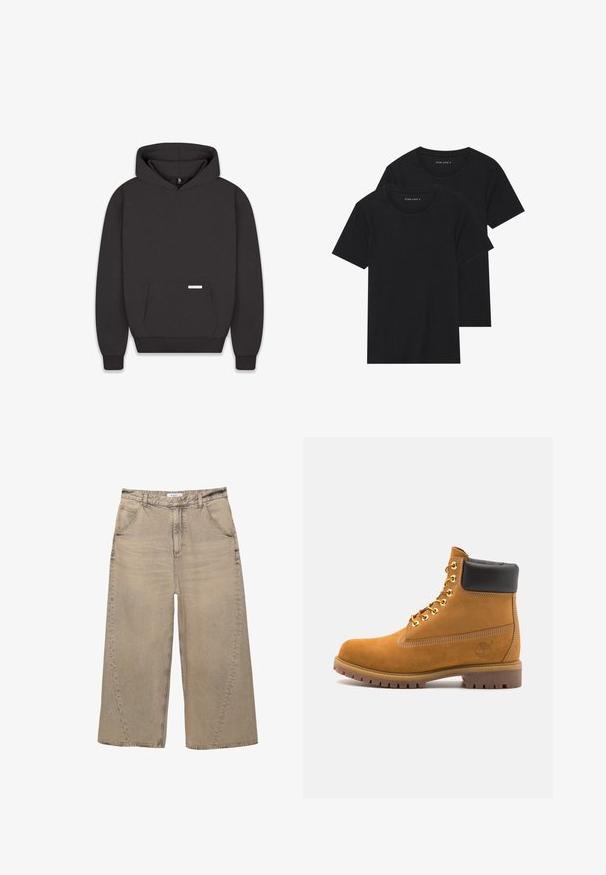 Felpa nera con cappuccio, tasca frontale, polsini e fondo a costine. Realizzata in tessuto morbido con un'etichetta sulla tasca. Design minimalista.; Due magliette nere di cotone a maniche corte, con scollatura rotonda e una texture liscia, esposte impilate insieme.; PULL&BEAR MEGA BAGGY - Jeans baggy - light grey; Stivale alla caviglia in suede tan con collare imbottito nero, occhielli in metallo dorato, dettagli in cucitura bianca e suola in gomma robusta con battistrada pronunciato.