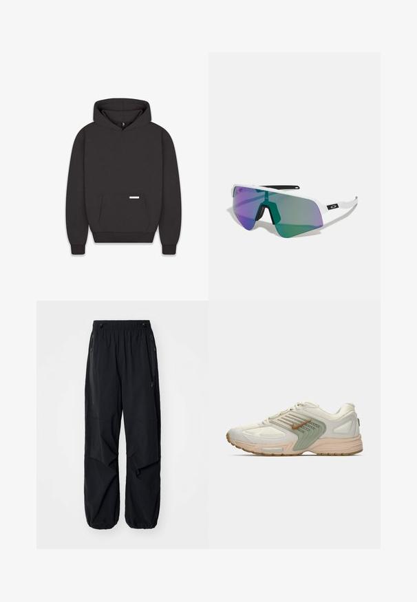 Schwarzer Kapuzenpullover mit Fronttasche, gerippten Bündchen und Saum. Aus weichem Stoff mit einem Etikett auf der Tasche. Minimalistisches Design.; Schwarze leichte Cargo-Hosen mit elastischem Bund, seitlichen Reißverschlüssen und geräumigen Taschen. Bietet eine lockere Passform und tapered Bündchen.; Niedrig geschnittene Sport-Sneaker in Beige mit leicht grünem Seitenpanel, weißem Mesh-Obermaterial, braunem Nike-Swoosh und beigem Sohlenbereich mit sichtbarem Luftkissen.; Sportsonnenbrille mit einem weißen Rahmen und großen, verlaufenden Gläsern in Lila- und Grüntönen; scharfkantiges Design mit zentralem Nasensteg.