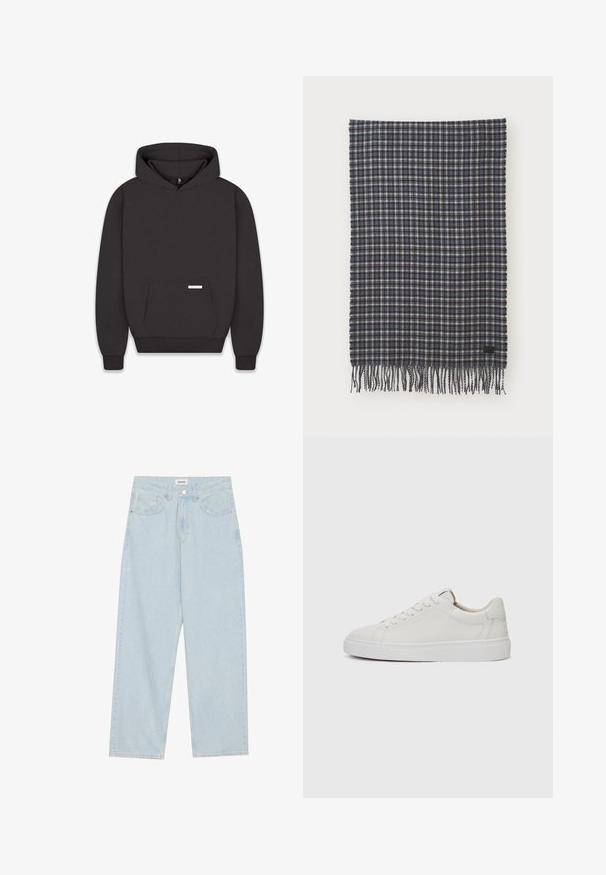 Black sweatshirt with a hood, front pocket, ribbed cuffs, and hem. Made of soft fabric with a tag on the pocket. Minimalist design.; Light blue wide-leg jeans made of denim, featuring a mid-rise waist, five pockets, and a button closure with a slim metal accent.; White leather low-top sneakers with a round toe, flat white rubber sole, and minimalistic stitching detail. Laces secured through six eyelets.; Woven wool scarf in dark navy and cream plaid, featuring fringe edges and a small black label accent. Soft texture with a rectangular shape.