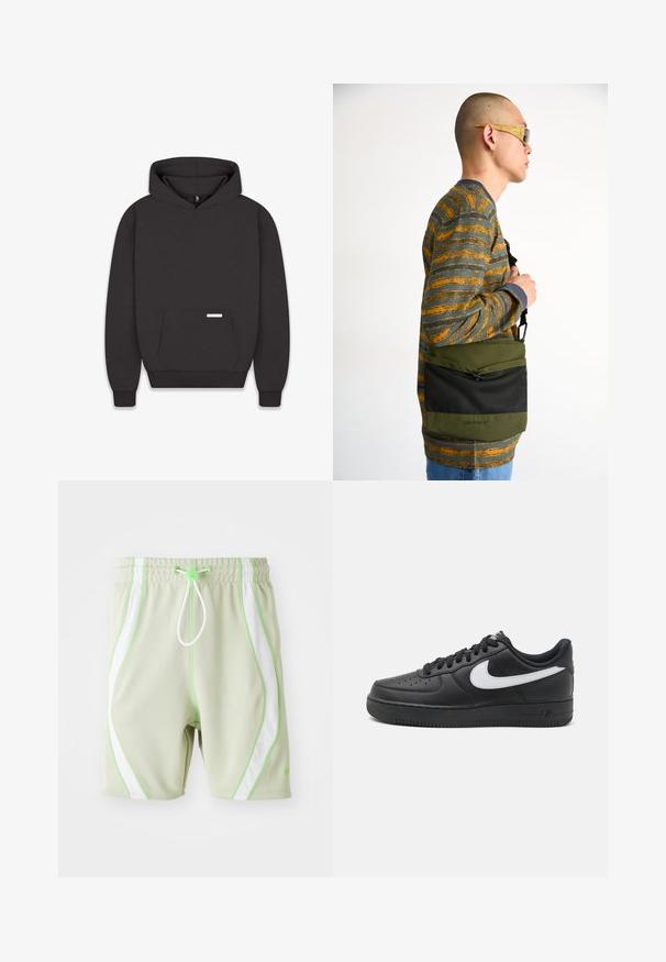 Svart hettegenser med lomme foran, ribbestrikkede mansjetter og kant. Laget av mykt stoff med et merke på lommen. Minimalistisk design.; Lysegrønne sportsshorts med hvite mesh-sidelapper og grønne detaljer. Har elastisk midje og snøring.; Svarte Nike Air Force 1-sneakers med overdel i glatt lær, hvit logoaccent, perforert tå og teksturert gummisåle.; Grønn budveske med svart mesh-front, som har en glidelåslomme. Teksturlaget og justerbar skulderrem er synlig.