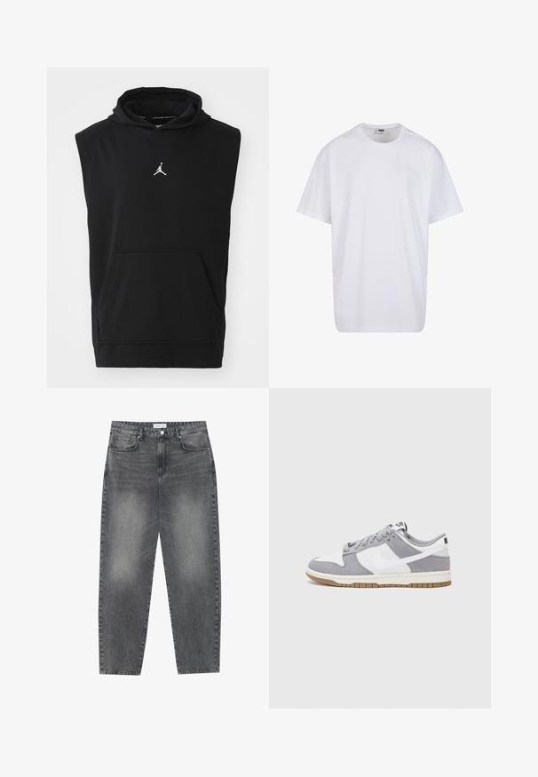 Svart ermeløs hettegenser laget av bomullsstoff, med en frontlomme og en hvit Jumpman-logo på brystet. Jevn tekstur, avslappet design.; Hvit bomull t-skjorte med korte ermer, rund utringning, avslappet passform, og ingen synlige logoer eller mønstre. Glatt tekstur og minimalistisk design.; Høyt liv, løstsittende jeans i falmet svart denim. Har fem lommer, beltehemper og et rent, rett ben-design.; Grå og hvite sneakers med overdel i semsket skinn og lær, rund tå, flate lisser, og gummisåle med gummibelegg.